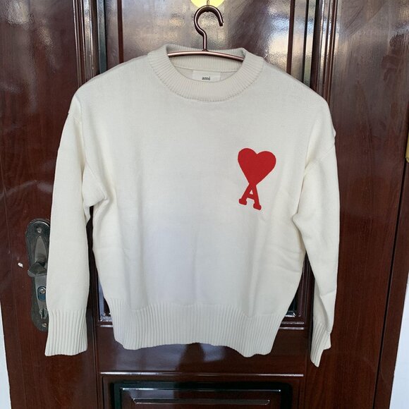 Ami Sweaters - AMI Red heart white crew neck sweater women S size